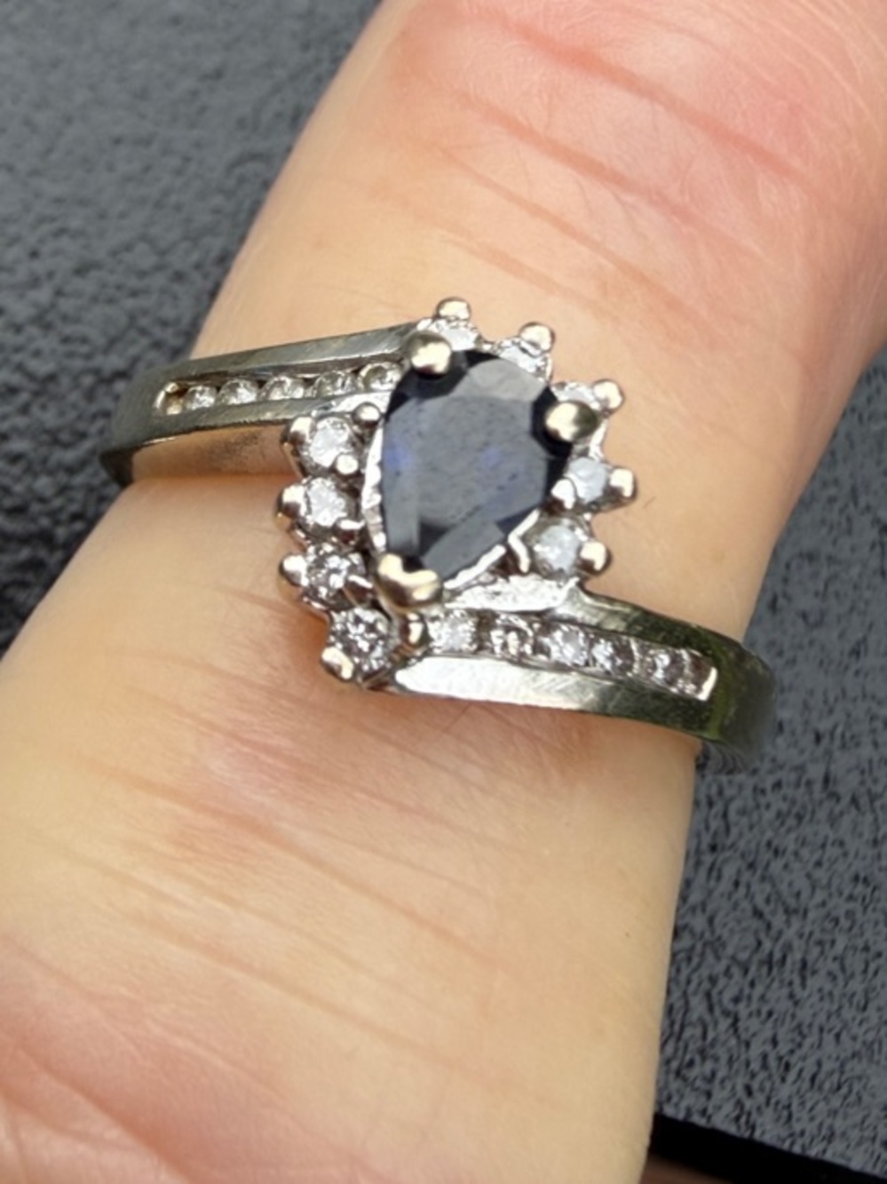 14 KT WHITE GOLD Teardrop Blue Sapphire Halo Ring with Pavé Band - Women Jewelry